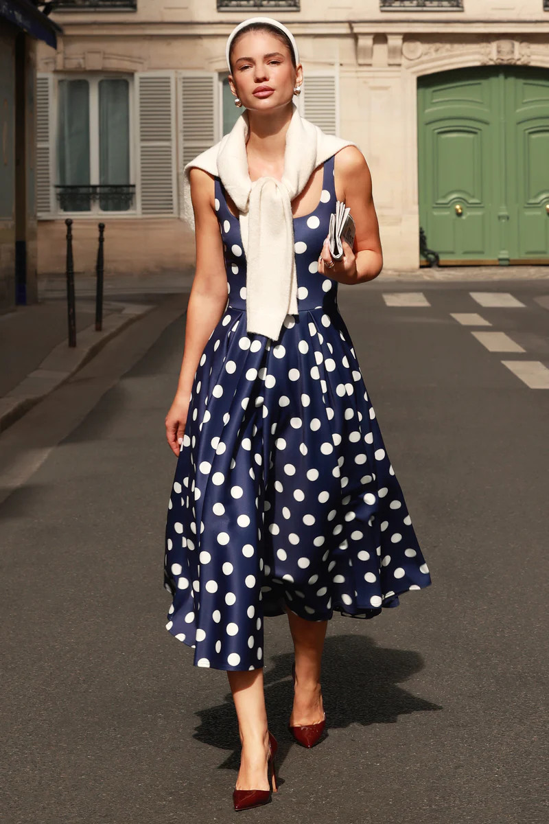 Berta  Navy And White Polka-Dot Square-Neck Midi Dress | Club L London