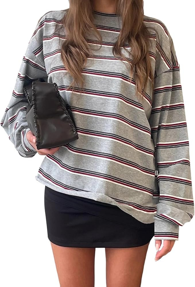 Striped Long Sleeve Shirt Women Y2k Oversized Crewneck Vintage Tops Fall Winter Drop Shoulder Cut... | Amazon (US)
