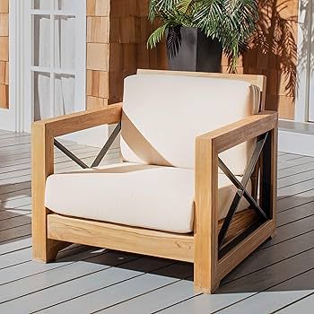 Safavieh CPT1009A Couture Curacao Brazilian Teak Outdoor Patio Club Chair, Natural/White | Amazon (US)