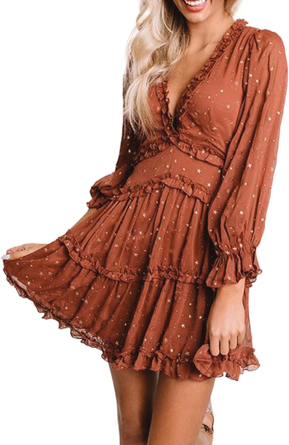 Happy Sailed Women Fall Long Sleeve Ruffle Layer Backless Swing Mini Dress S-XL | Amazon (US)