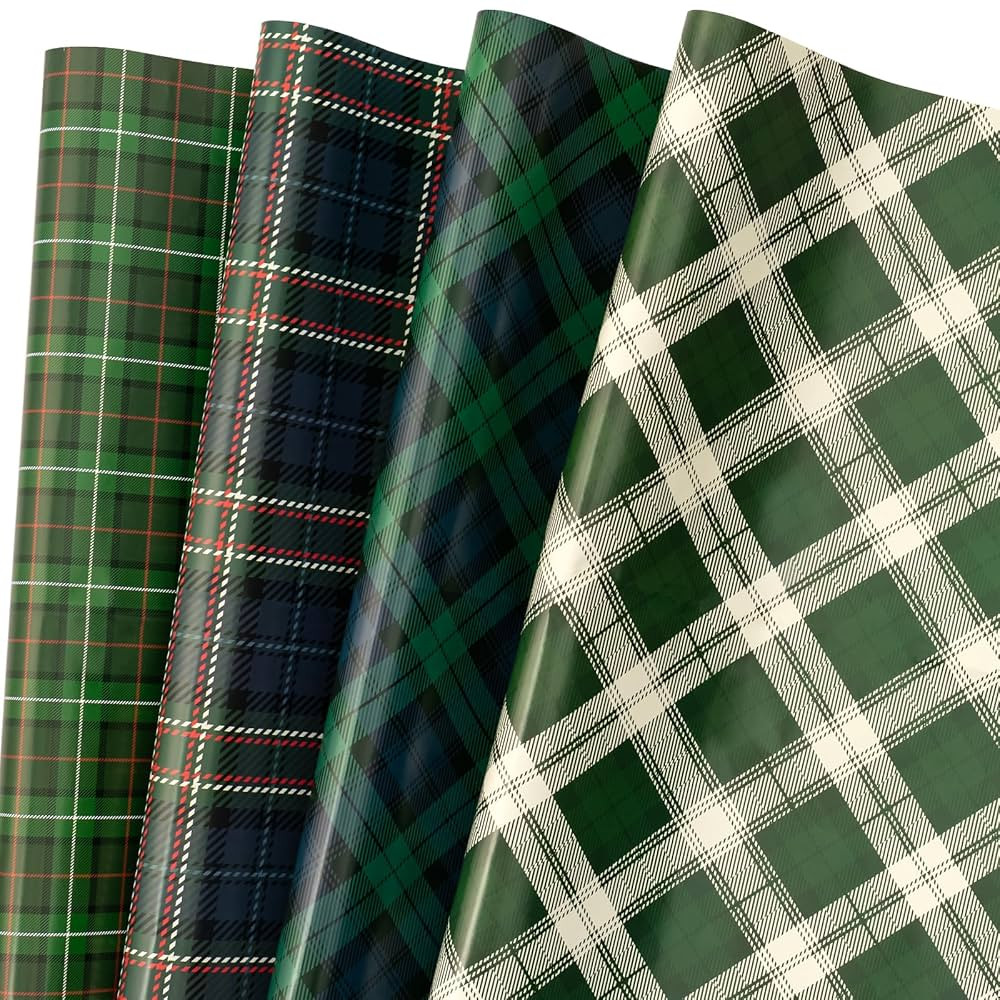 LeZakaa Christmas Green Wrapping Paper, 12 Folded Sheet with 4 Different Tartan Plaid Design for ... | Amazon (US)