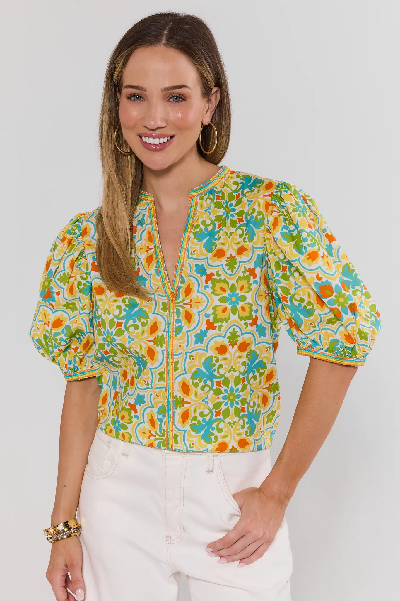 Allister Multi Printed Split Neck Top | Avara