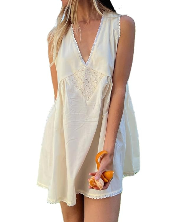 ROAONOCOMO Women V Neck Loose Mini Dress Boho Flowy Tiered Babydoll Sundress Y2K Sleeveless Going... | Amazon (US)