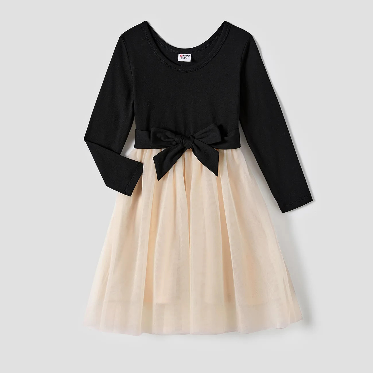 Family Matching Black-Almond Mesh Skirt and Classic Round Neck Long Sleeve Tops Sets | PatPat