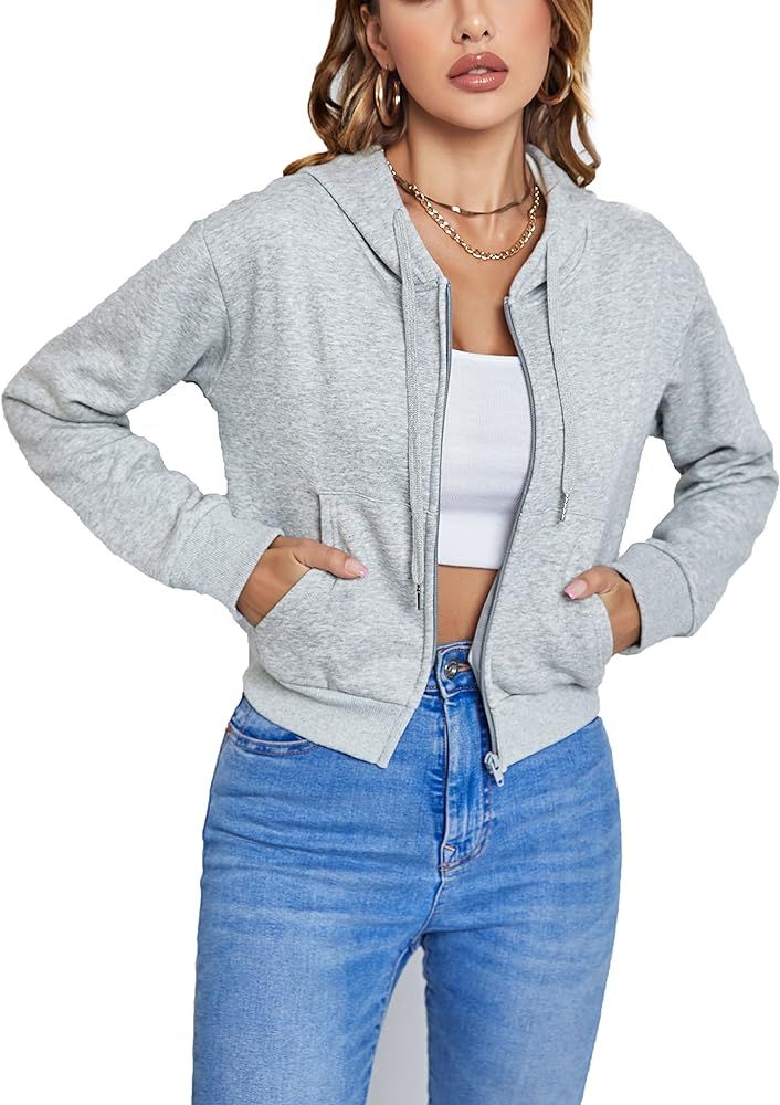 Cropped Zip Up Hoodie Women White Black Grey Cotton Fleece Zipper Short Crop Sweatshirt Jacket Sw... | Amazon (US)