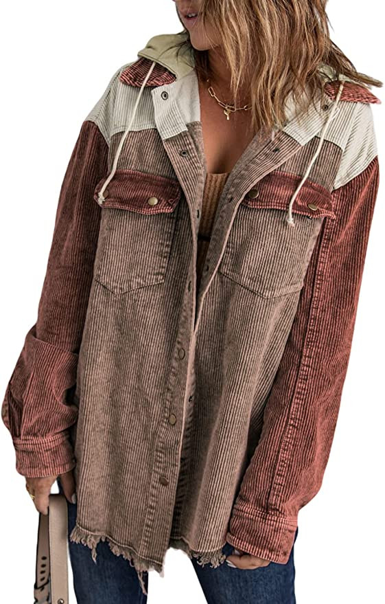 Dokotoo Womens 2022 Fall Corduroy Shacket Jacket Long Sleeve Button Down Color Block Hooded Coat ... | Amazon (US)