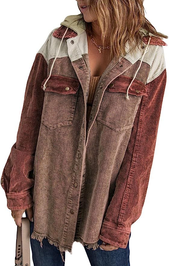 Dokotoo Womens 2022 Fall Corduroy Shacket Jacket Long Sleeve Button Down Color Block Hooded Coat ... | Amazon (US)