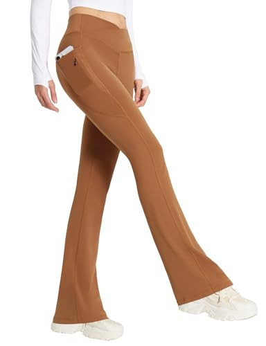 baleaf Women's Flare Leggings with Zipper Pockets Crossover High Waist Bootcut Yoga Pants Tummy Control Bell Bottom Leggings Light Brown XS | Amazon (US)