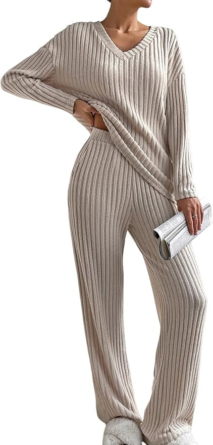 SHEWIN Women's Pajama Sets Long Sleeve 2 Piece Lounge Sets Ribbed Knit Sweater Sleepwear | Amazon (US)