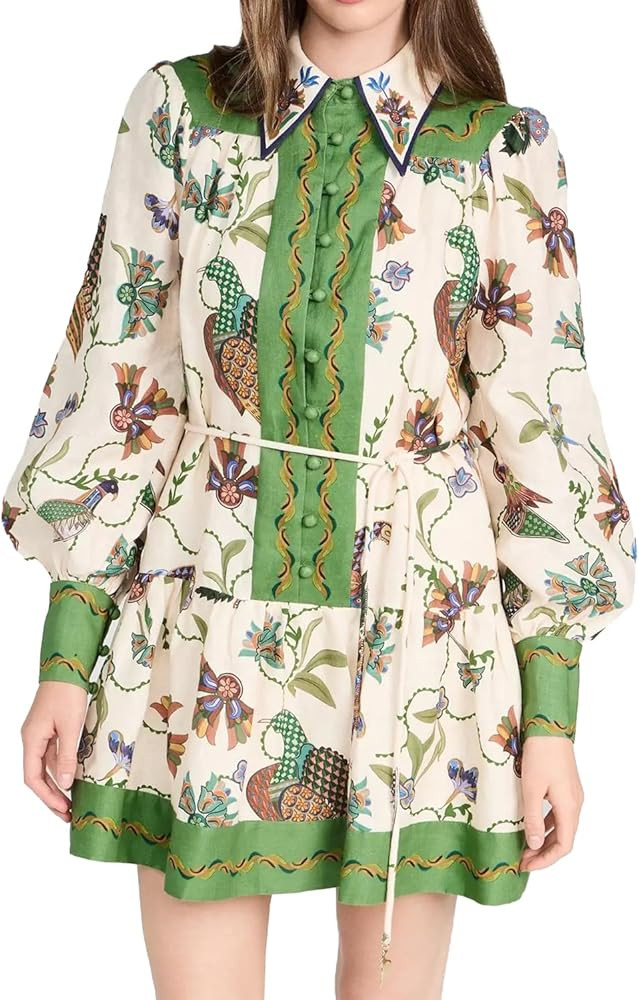 Melliflo Women's Long Puff Sleeve Turtleneck Printed Mini Dress Button Waist Tie Pleated Ruffles ... | Amazon (US)