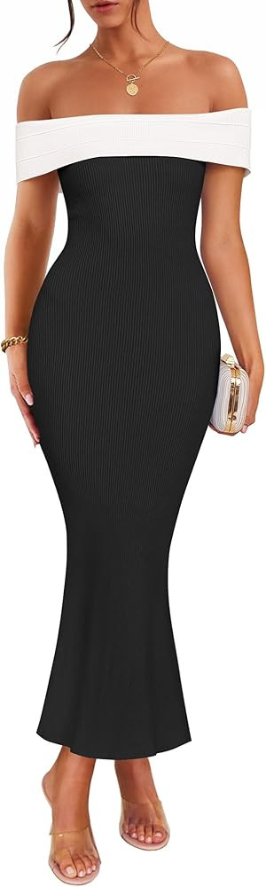 ZESICA Women's 2025 Summer Off The Shoulder Bodycon Dresses Sleeveless Color Block Knit Cocktail ... | Amazon (US)