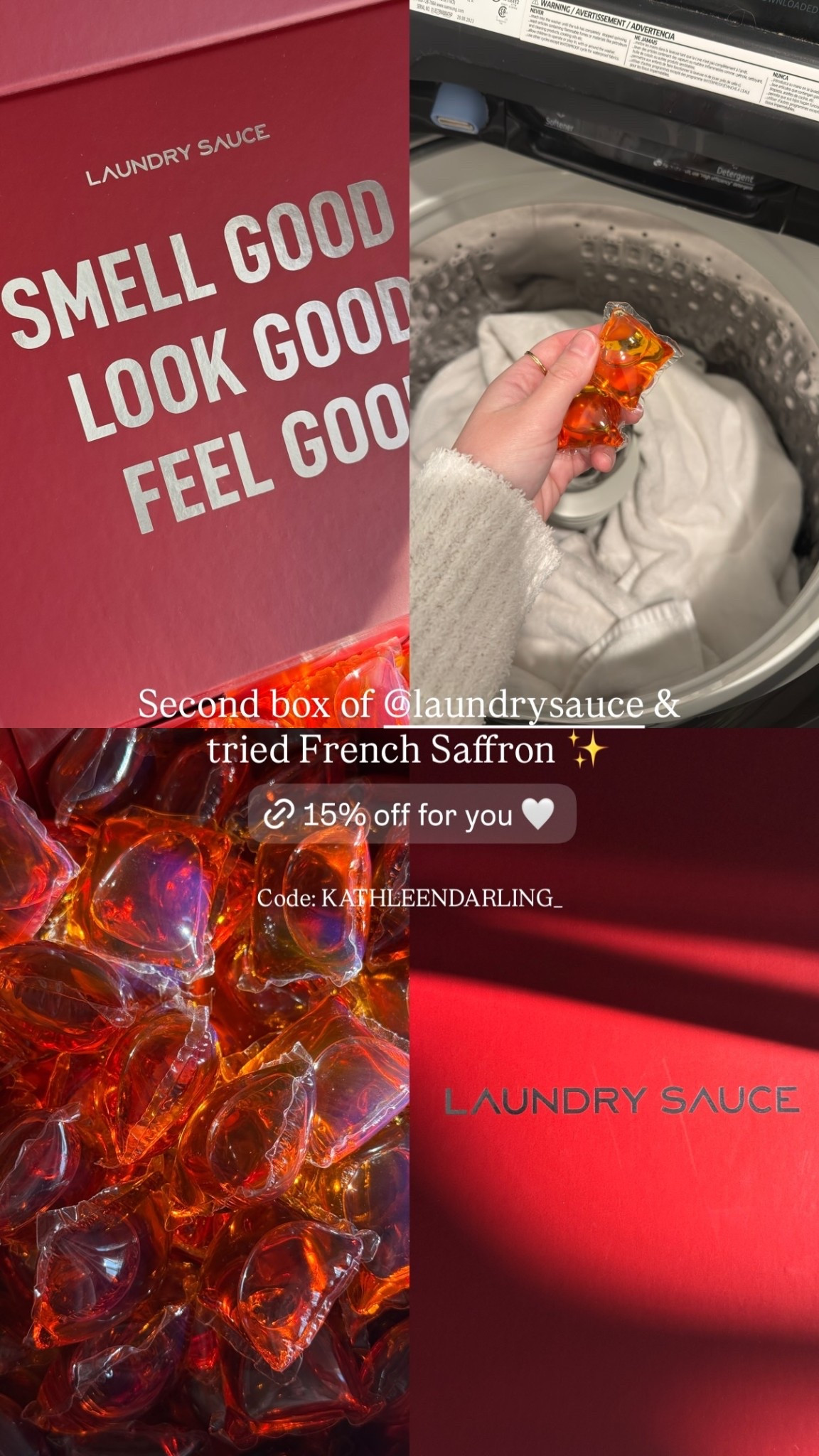 Second box of @laundrysauce & 
tried French Saffron ✨
 Code: KATHLEENDARLING_

Laundry sauce scented laundry detergent. HIGH PERFORMANCE CLEAN  MEETS LUXURY FRAGRANCE
Collaborating with the world's top perfumers, we crafted sophisticated fragrances made with essential oils and responsibly sourced ingredients. Our high-performance laundry detergent is enriched with a bio-enzyme blend that tackles the toughest stains and revives fabrics for a brilliant clean.
Signature scents created by the world's top perfumers that leave a lasting impression.
Ultra-concentrated formula enriched with powerful bio-enzymes.
Made without unnecessary chemicals (Free of Phosphates, Phthalates, and dyes).