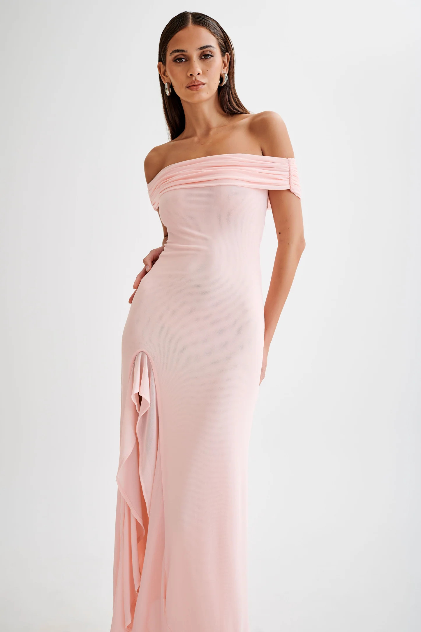 Audrey Off Shoulder Mesh Maxi Dress - Pale Pink | MESHKI US