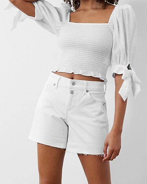 Mid Rise White Convertible Hem Jean Shorts | Express