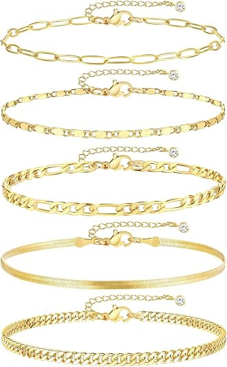 iF YOU Gold Ankle Bracelets for Women, 14k Gold Plated Waterproof Cuban Link Chain Anklets Set, L... | Amazon (US)