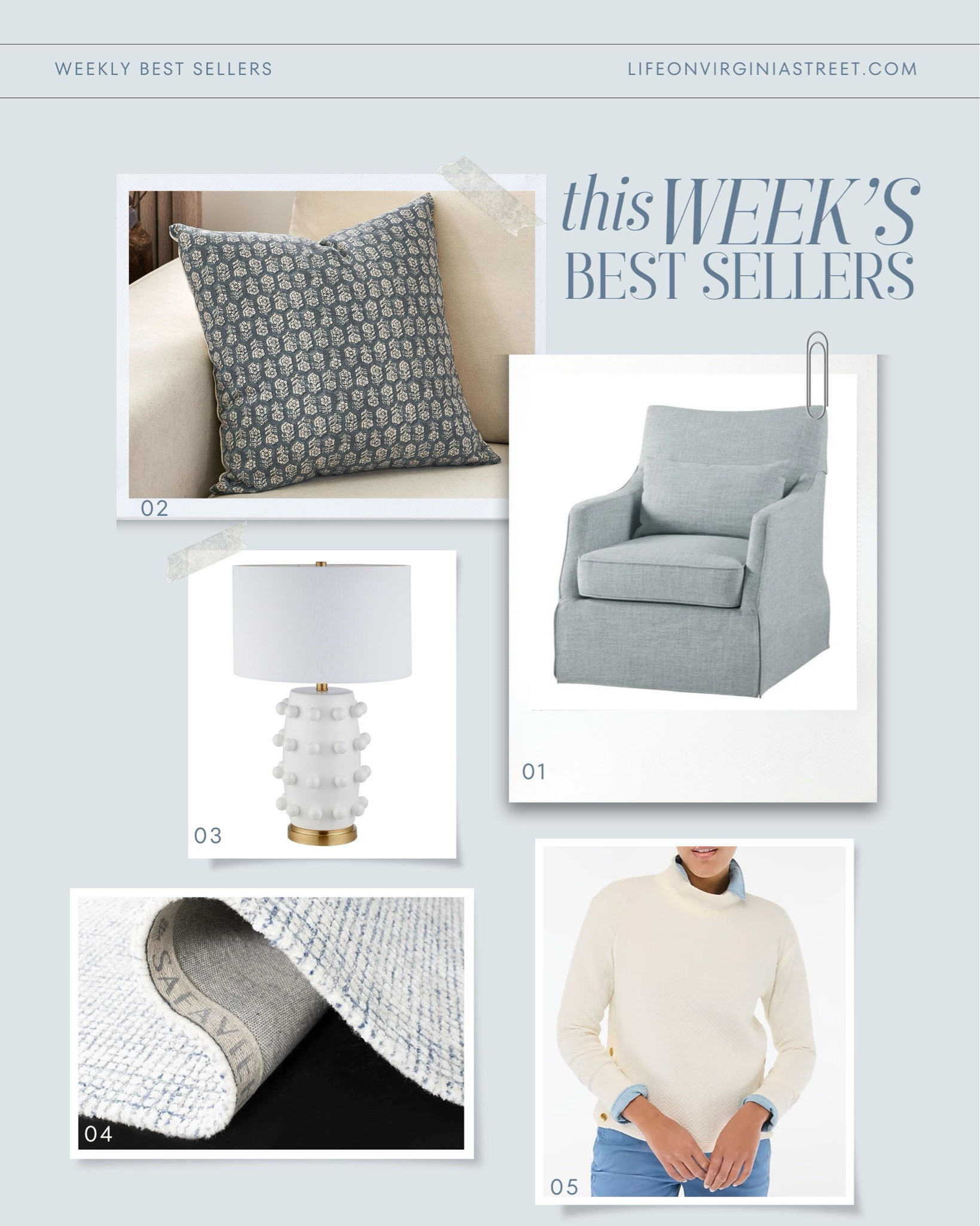 This week’s best sellers include this gorgeous light blue swivel chair we have at Hola Beaches, an affordable look for less block print pillow cover, a designer look for less lamp, one of my favorite blue grid rugs, and the quilted herringbone mock neck I own and love (the side snap details are so cute)! #ltkhome #ltkfindsunder50 #ltkfindsunder100 #ltkstyletip #ltkover40 #ltkseasonal #ltksalealert 

#LTKHome #LTKSaleAlert #LTKFindsUnder50