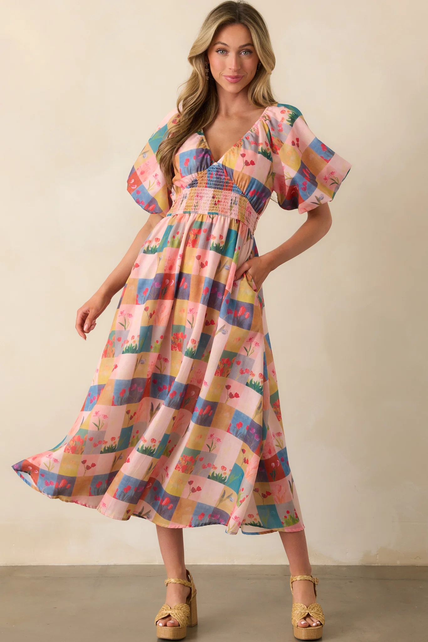 You're Right On Time Blush Pink Floral Plaid Maxi Dress | Red Dress