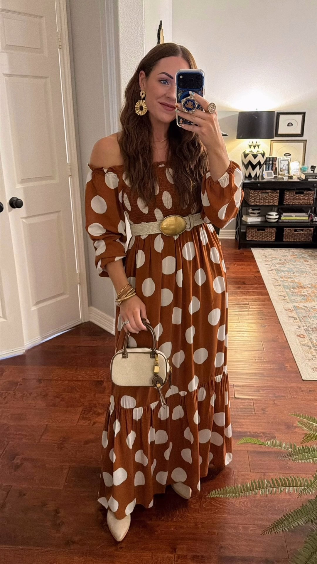 Thanksgiving fall outfit inspo transition polka dots maxi dress cowboy boots free people belt styling browns Amazon bag earrings travel

#LTKFindsUnder50 #LTKootd #LTKTravel