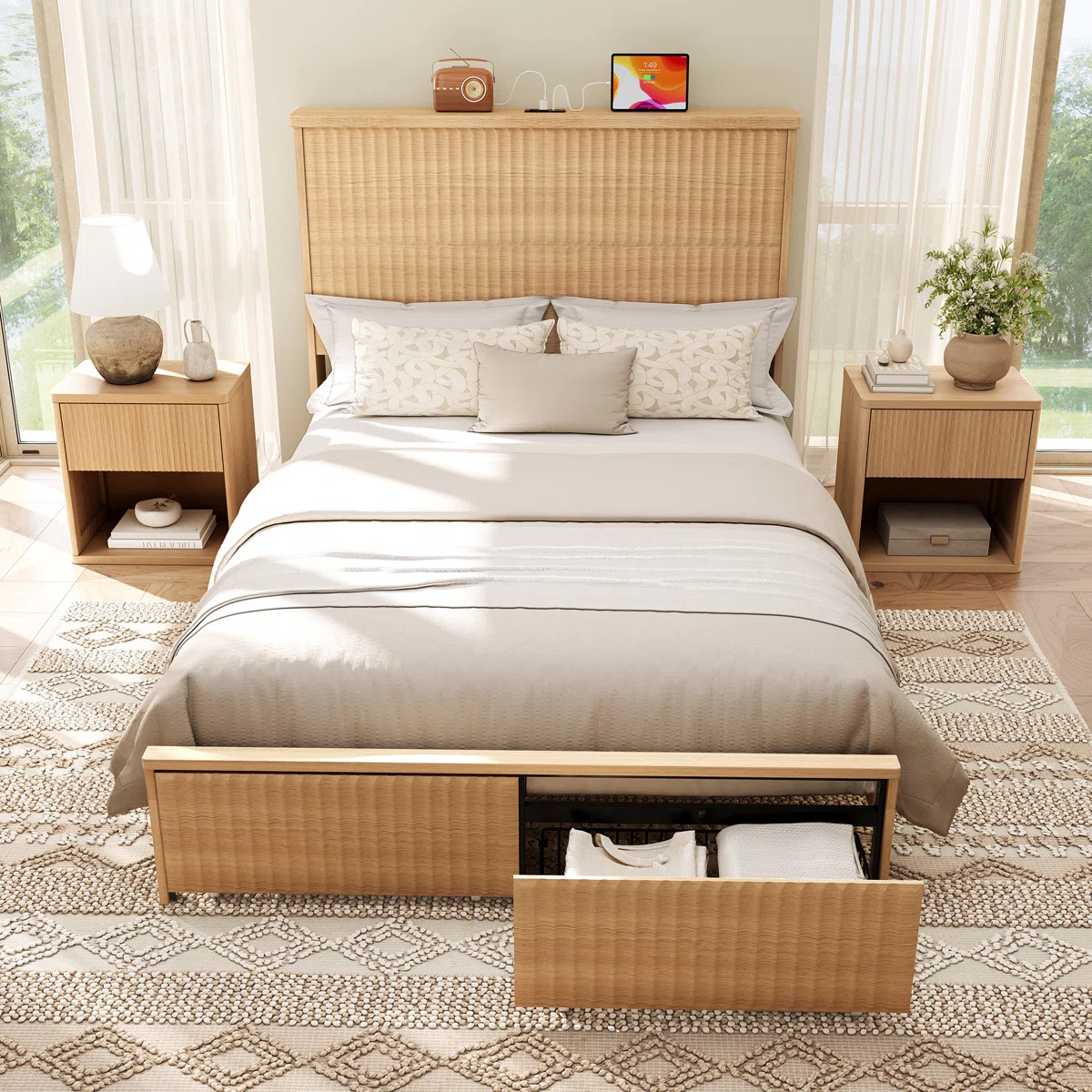 Retro Fluted Queen Bed With 55" Tall Headboard And Storage Drawers | Wayfair North America