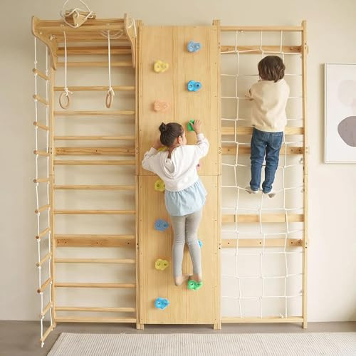 Avenlur Walnut 9-in-1 Swedish Ladder Wall Gym Set - 78.8 Inches - Trapeze Swing, Rope Ladder, Rock Wall, Rope Wall, Rock Ramp Climber, Slide, Pull-up Bar, Ladder and Swing | Amazon (US)