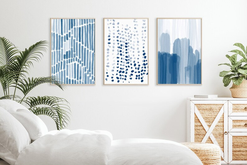 Blue Wall Art Set of 3 Watercolor Prints Blue Abstract Art | Etsy | Etsy (US)