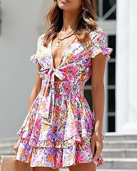 PRETTYGARDEN Women's 2023 Summer Swing Mini Dress Tie Front V Neck Short Sleeve Ruffle Layer A-Li... | Amazon (US)
