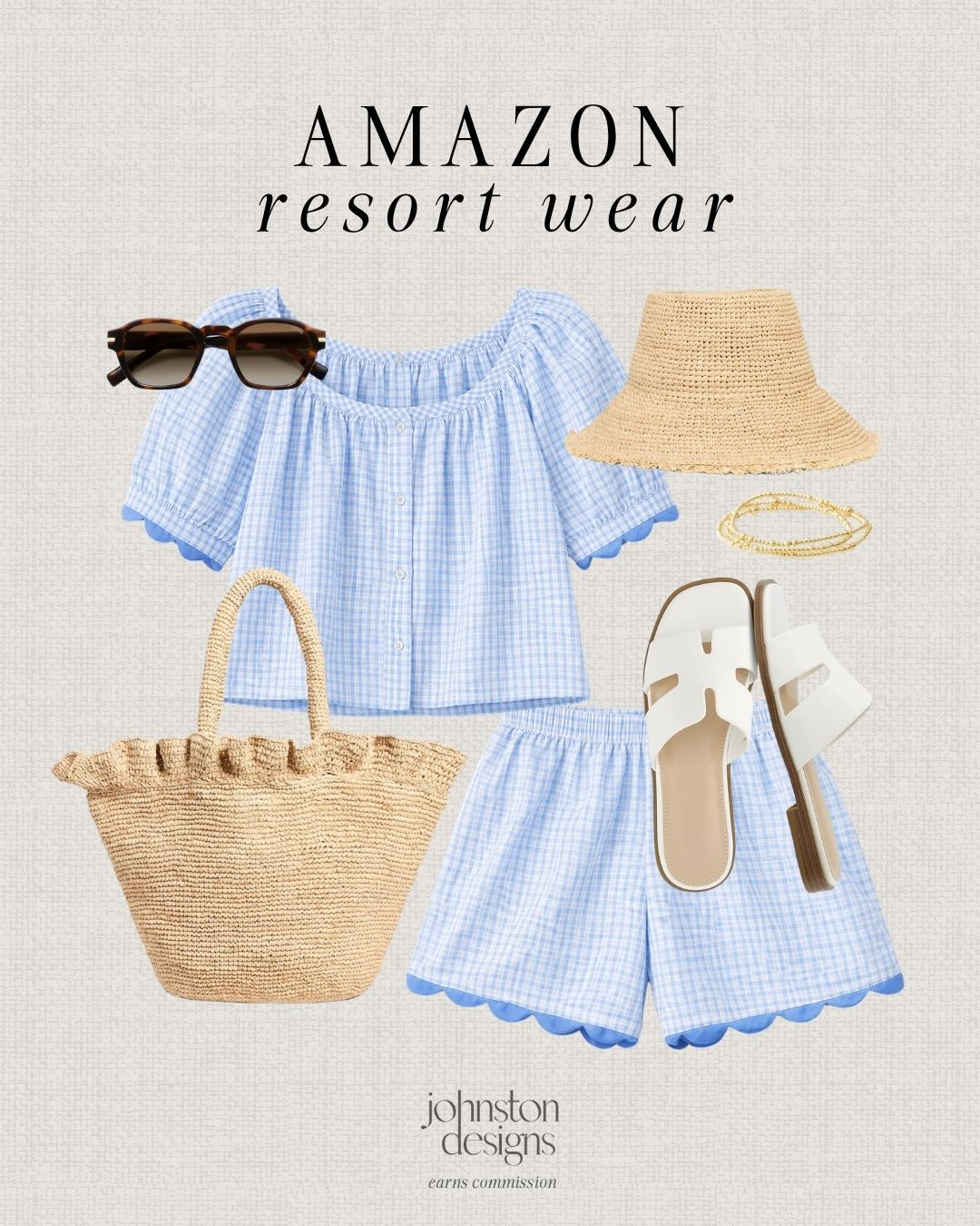 Amazon resort wear featuring a blue gingham matching set with an off the shoulder top and scalloped hem shorts, styled with a woven tote, neutral slide sandals, a straw bucket hat and classic sunglasses for an effortless coastal look that feels light, airy and elevated. 🐚

#amazonfashion #resortwear #ginghamstyle #summeroutfits #coastalstyle #vacationstyle #neutraloutfit #amazonfinds #beachoutfit #ltkstyle 

 #LTKootd #LTKTravel