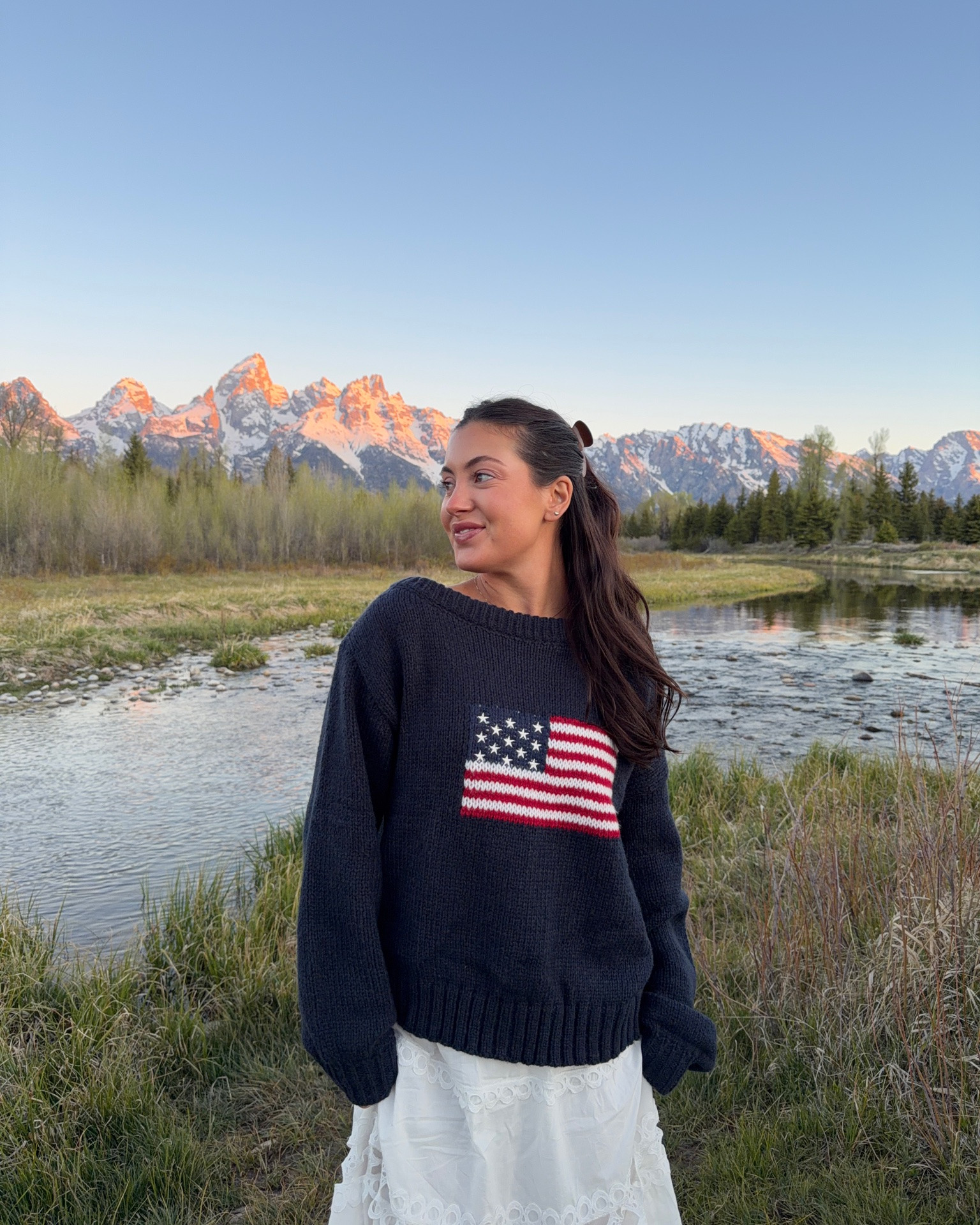 sunrise outfit in jackson hole, Wyoming. sweater is perfect for 4th of july or memorial day! greybandit code: libby 

#westernchic #usa #americanflag #outfitinspo #ootd

#LTKootd #LTKgrwm