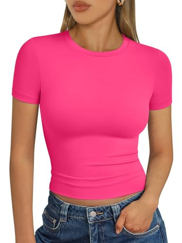 Trendy Queen Womens Short Sleeve T Shirts Summer 2026 Crop Tops Basic Slim Fit Gym Workout Y2k Clothes Neon Pink M | Amazon (US)