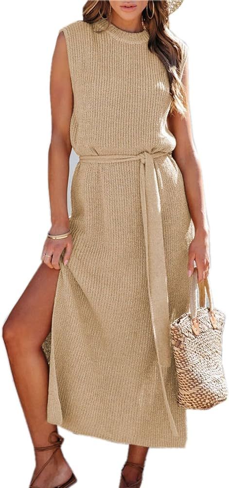 Womens Elegant Solid A-Line Sleeveless Slit Midi Sweater Knit Dress with Belt | Amazon (US)