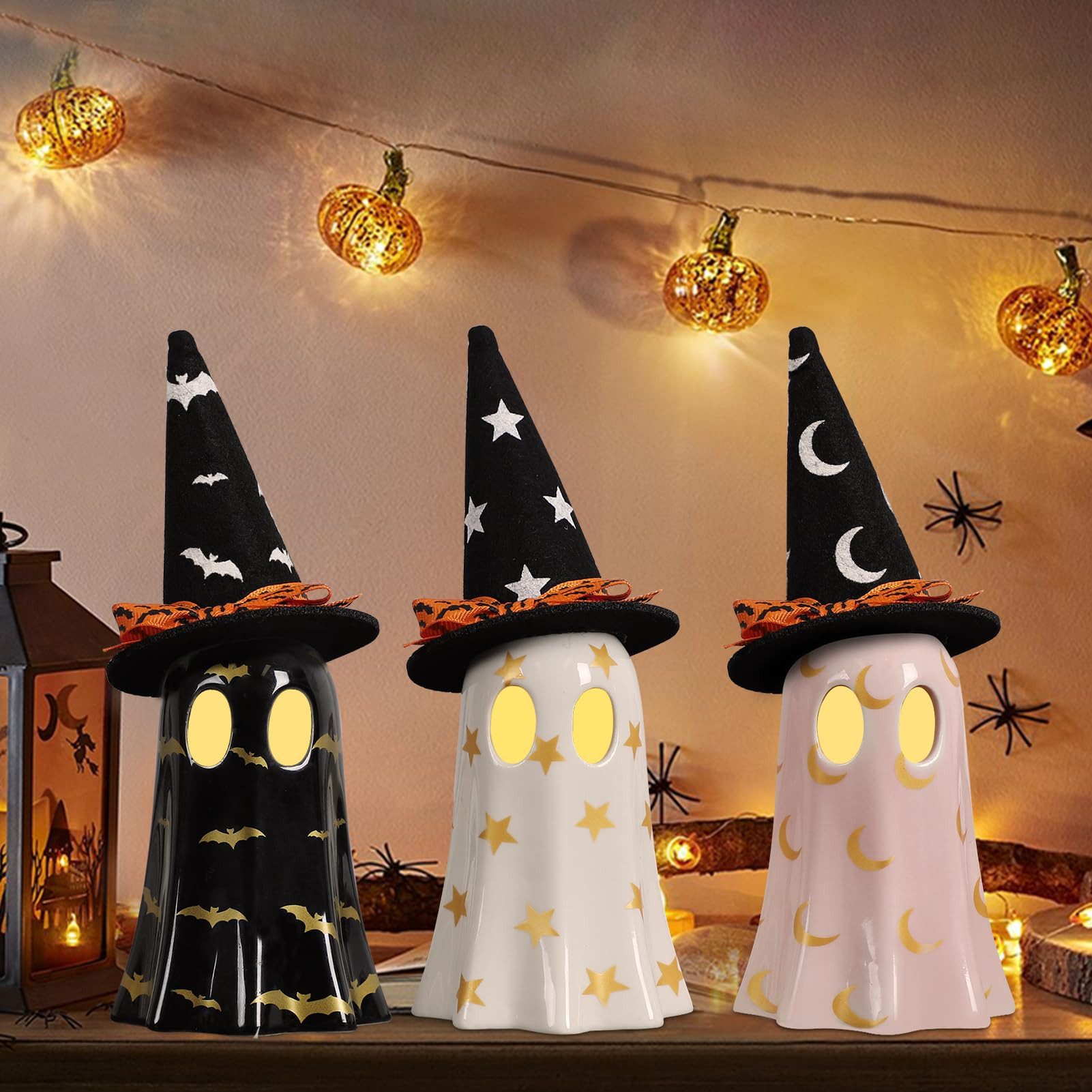 DAZONGE Halloween Decorations Indoor, Set of 3 Ceramic Ghosts with Witch Hats, Cute Spooky Hallow... | Amazon (US)