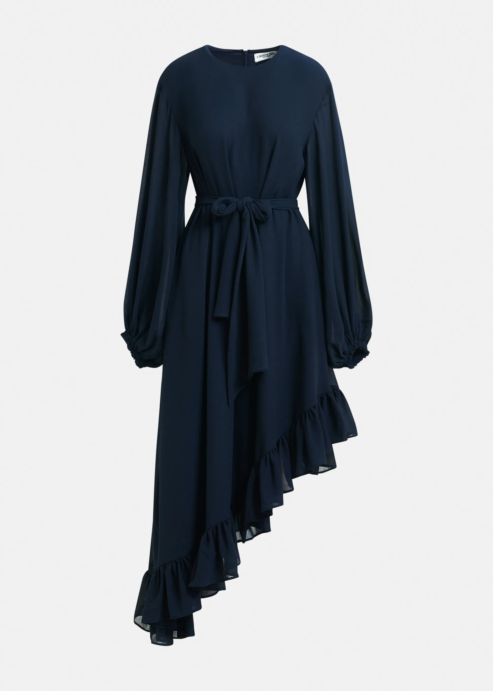 Navy asymmetrical ruffle-hem maxi dress with pussy-bow tie | Essentiel Antwerp United States | Essentiel Antwerp