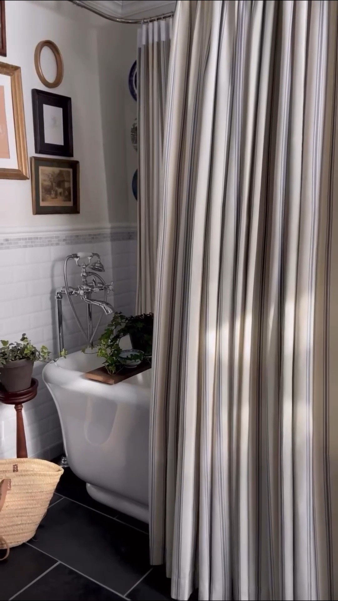 We’ve done our fair share of larger home projects around here, but if I’m being honest, it’s the tiny home projects that have my heart. Those little tweaks and changes that you make over time as you’re living in your spaces are what really make a house feel like home. There’s no way to rush the process; it has to come to you in little moments of inspiration and quiet experiments until one day you realize that you’ve landed on something that feels just right. 

As I was working on bringing a bit of English country style charm to this ensuite last fall with the gallery walls and warm wood finishes, I had a moment where I suddenly felt that what was really needed to complete the space was a big hit of pattern in the form of a classic ticking stripe. It took me a while to find just the right ones, but when I saw these classic navy pinch pleat curtains from @neutralcurtains, I knew I had found just the thing. Truthfully, they’re even better than I had hoped they would be. Home takes time, and it’s so much better that way. #neutralcurtains

Shower curtains: custom curtains used as shower curtain from @neutralcurtains
Fabric: Loxley Yarn-Dyed Cotton in Navy
Lining: Unlined
Header Style: French Pleated
Discount: Use Code CREEKLINEHOUSE for 25% off