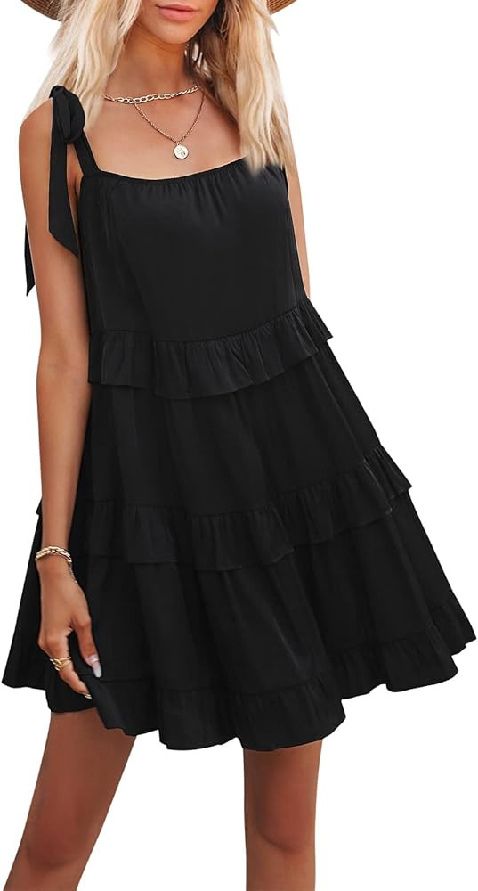 Byinns Women's Summer Mini Beach Sundresses Tiered Ruffle Sleeveless Tie Strap Flowy Swing Babydo... | Amazon (US)