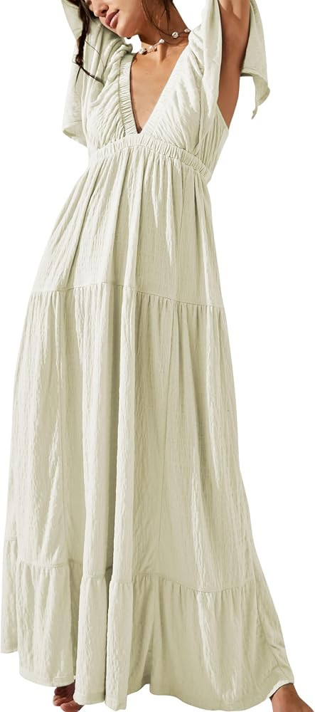 Summer Backless Maxi Dresses for Women 2024 Sexy V-Neck Tiered Silhouette Flowy Long Dress | Amazon (US)