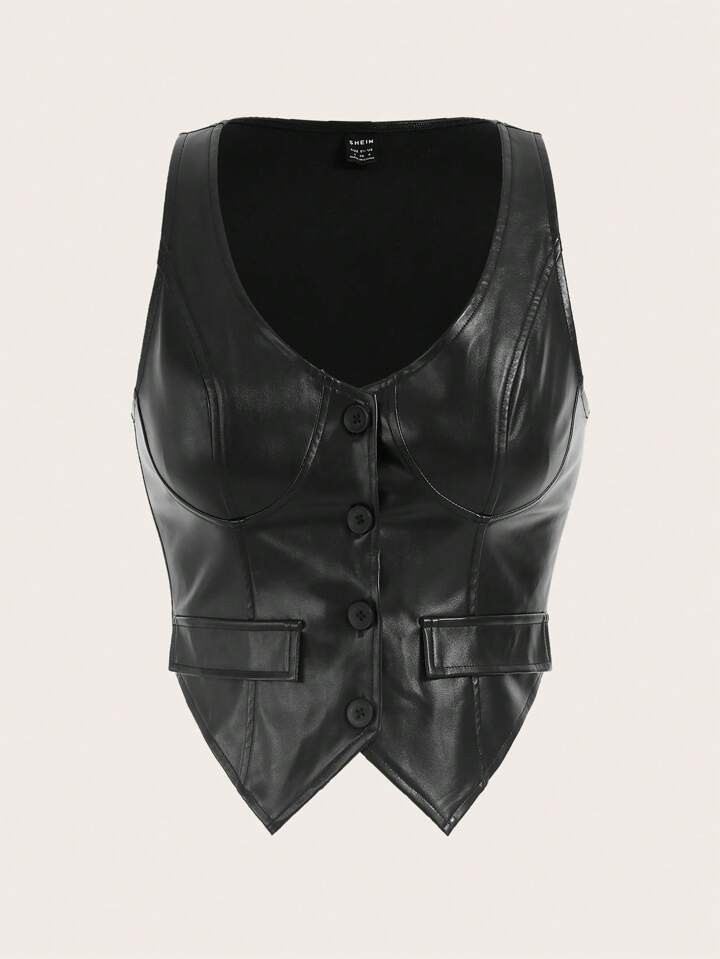 SHEIN Coolane Button Front PU Leather Waistcoat | SHEIN