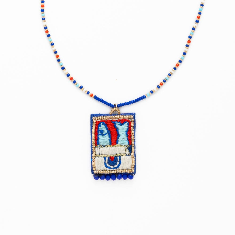 Robin Beaded Necklace With Embroidered Sardine Blue | INK+ALLOY