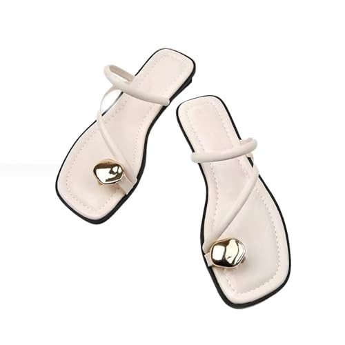 HDFDB Women's Leather Strappy Flat Metal Toe Ring Sandals Fashionable Square Open Toe Low Block Heel Slip-On Clip Toe Slide Sandals Casual Summer Beach Slipper (White,5) | Amazon (US)