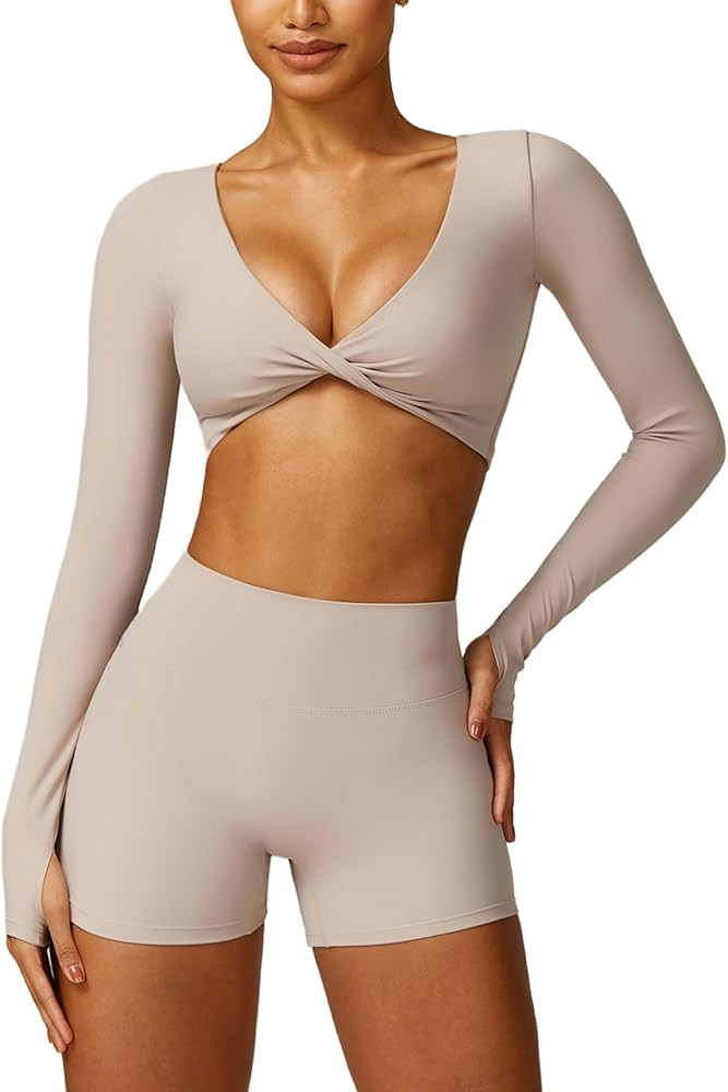 ABOCIW Workout Sets for Women 2 Piece Square Neck Long Sleeve Crop Tops High Waist Biker Shorts G... | Amazon (US)