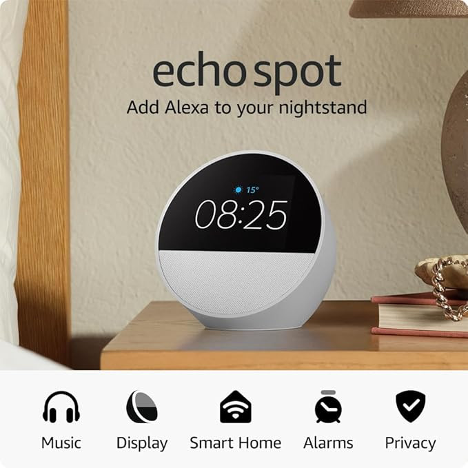Echo Spot (newest gen), Smart alarm clock with vibrant sound + Alexa, Glacier White | Amazon (UK)