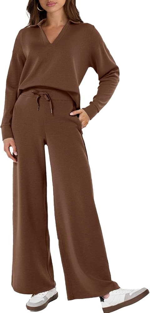 Glamaker Women's 2 Piece Sets Outfits Casual Long Sleeve Sweatsuits Polo Top and Wide Leg Pants M... | Amazon (US)