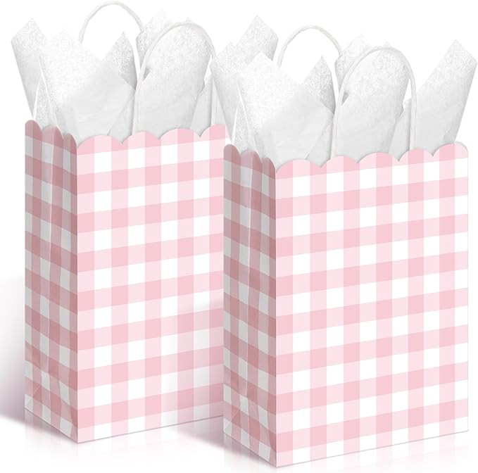 Kolldenn 24 Pcs Gingham Party Supplies Pink and White Gift Bags 8.27 x 6.3 x 3.15 Inch Kraft Pape... | Amazon (US)