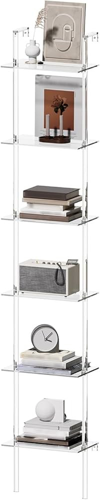 Small Acrylic Ladder Bookshelf, 9.5" D x 15.6" W, 6-Tier Clear Wall Mounted Book Shelf for Small ... | Amazon (US)