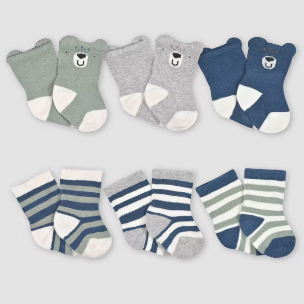 Gerber Baby Boys' 6pk Jersey Wiggle Proof Bear Socks - Navy Blue/Forest Green/Gray | Target
