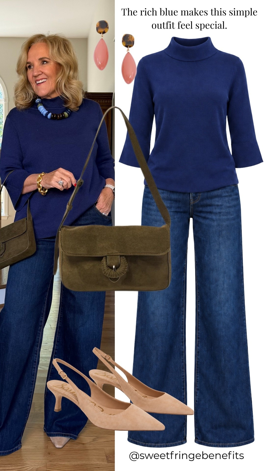 Oh, this shade of blue is beautiful, and those little flared sleeves are such a nice detail! I'm wearing a medium in the sweater and a size 29 in the jeans.