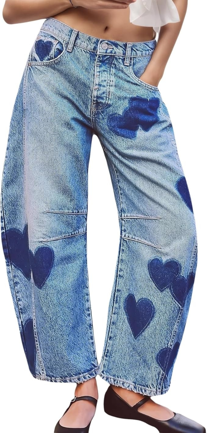 LifeShe Women's Wide Leg Baggy Jeans Low Waist Heart Barrel Loose Denim Pants | Amazon (US)