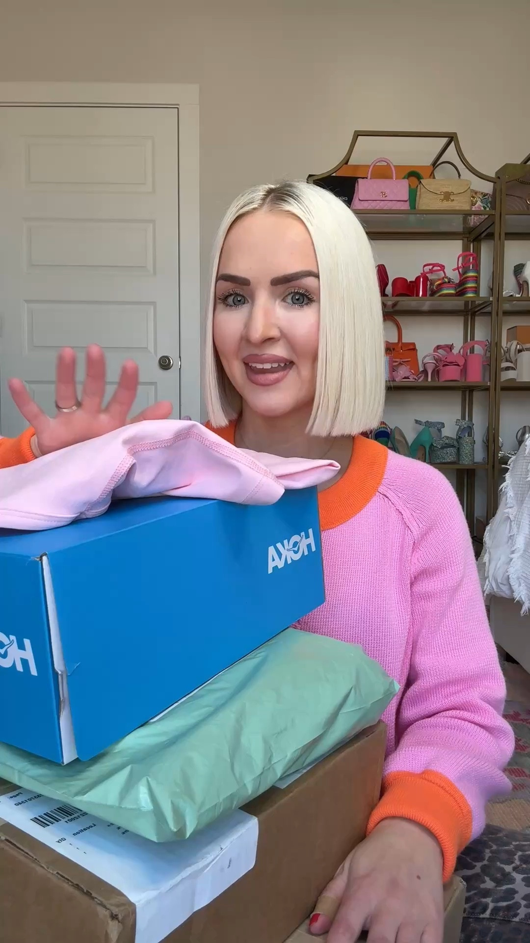 Beyond yoga pink bralette (small) / beyond yoga pink leggings (XS) / Caden lane pjs (XS) / striped robe (XS) 