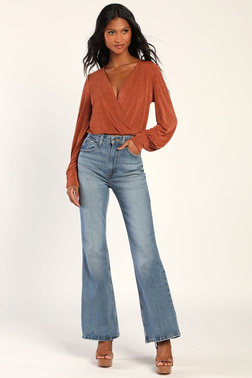 Sartorial Style Shiny Rust Orange Long Sleeve Top | Lulus (US)
