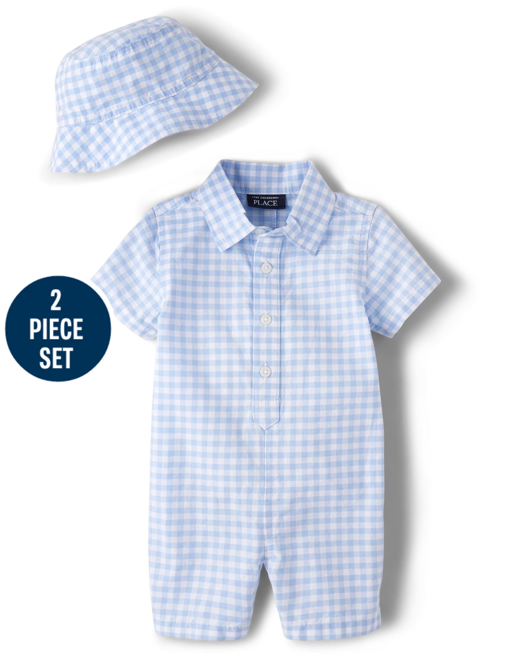 Baby Boys Short Sleeve Gingham Print Poplin Romper And Bucket Hat | The Children's Place  - WHIRL... | The Children's Place
