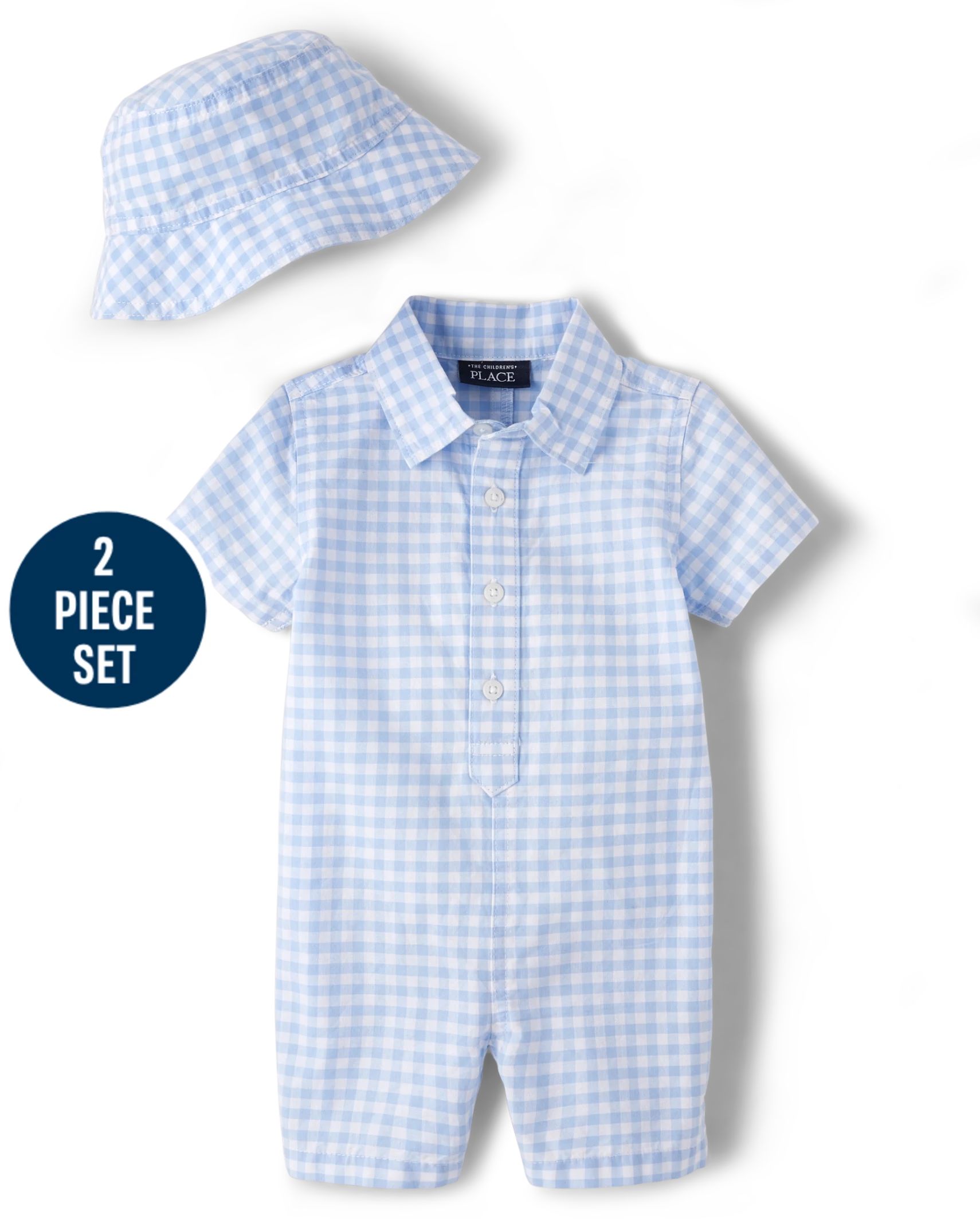 Baby Boys Short Sleeve Gingham Print Poplin Romper And Bucket Hat | The Children's Place  - WHIRL... | The Children's Place